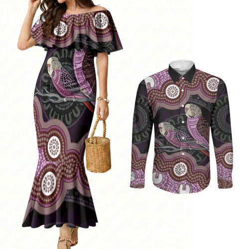 Purple Budgerigar Australia Indigenous Art Couples Matching Mermaid Dress and Long Sleeve Button Shirt