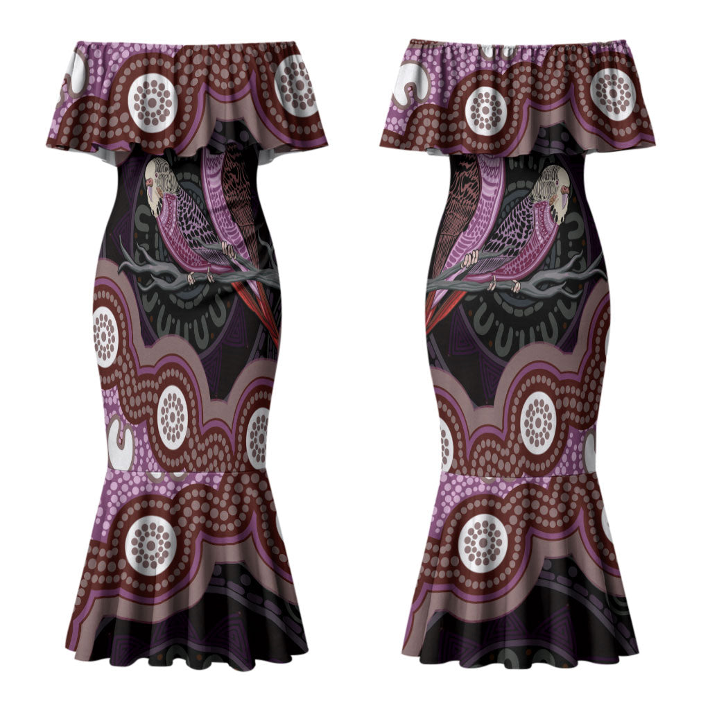 Purple Budgerigar Australia Indigenous Art Couples Matching Mermaid Dress and Long Sleeve Button Shirt