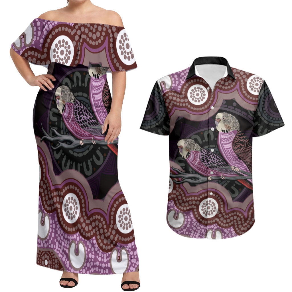 Purple Budgerigar Australia Indigenous Art Couples Matching Off Shoulder Maxi Dress and Hawaiian Shirt
