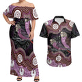 Purple Budgerigar Australia Indigenous Art Couples Matching Off Shoulder Maxi Dress and Hawaiian Shirt