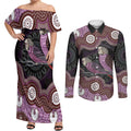 Purple Budgerigar Australia Indigenous Art Couples Matching Off Shoulder Maxi Dress and Long Sleeve Button Shirt