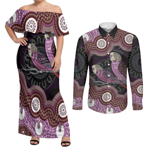 Purple Budgerigar Australia Indigenous Art Couples Matching Off Shoulder Maxi Dress and Long Sleeve Button Shirt