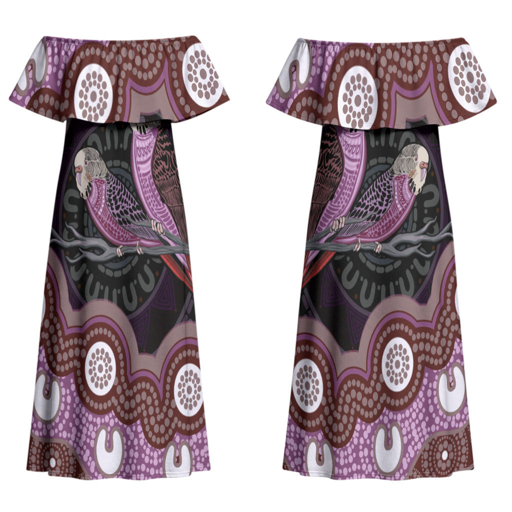 Purple Budgerigar Australia Indigenous Art Couples Matching Off Shoulder Maxi Dress and Long Sleeve Button Shirt