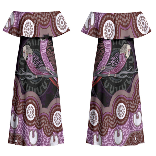 Purple Budgerigar Australia Indigenous Art Couples Matching Off Shoulder Maxi Dress and Long Sleeve Button Shirt