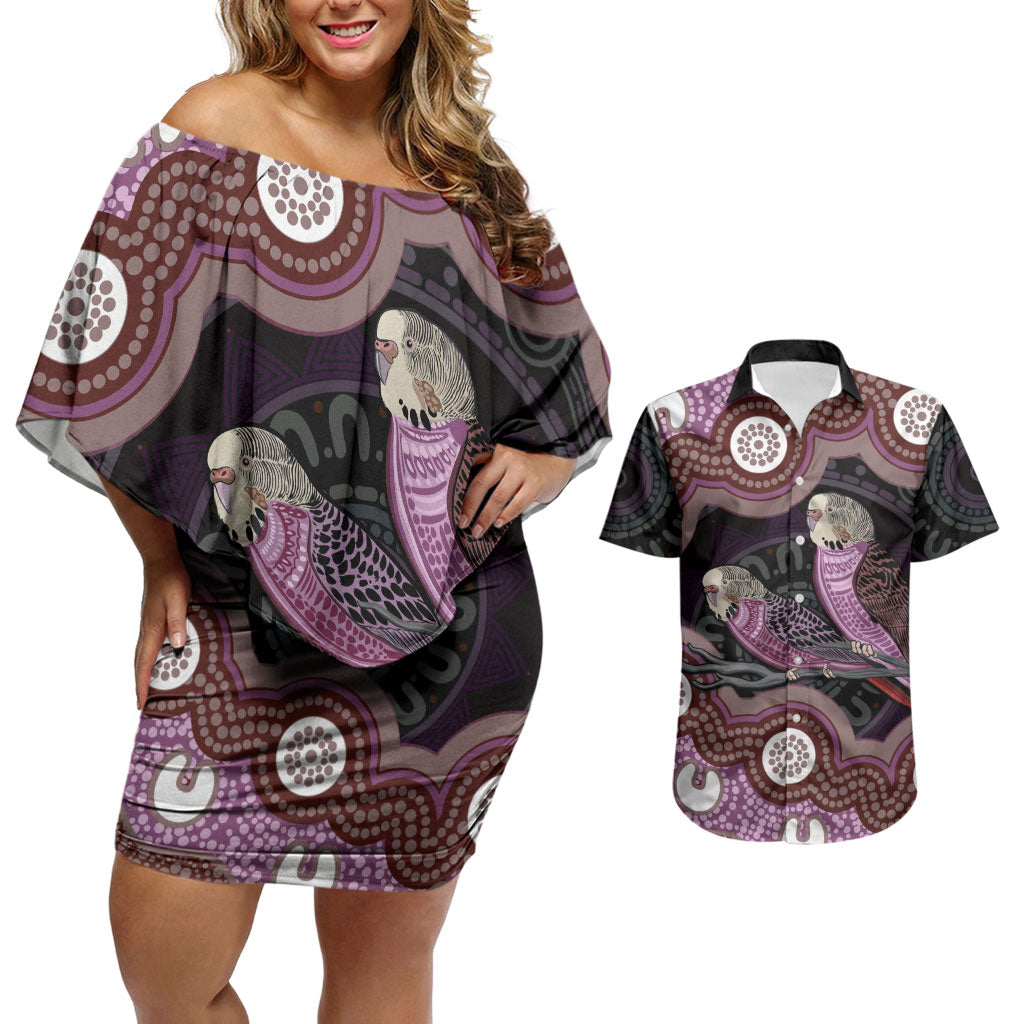 Purple Budgerigar Australia Indigenous Art Couples Matching Off Shoulder Short Dress and Hawaiian Shirt