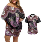 Purple Budgerigar Australia Indigenous Art Couples Matching Off Shoulder Short Dress and Hawaiian Shirt