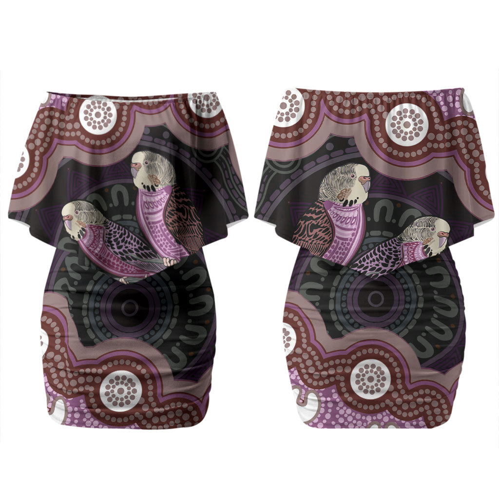 Purple Budgerigar Australia Indigenous Art Couples Matching Off Shoulder Short Dress and Hawaiian Shirt