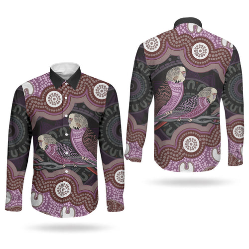 Purple Budgerigar Australia Indigenous Art Couples Matching Off Shoulder Short Dress and Long Sleeve Button Shirt
