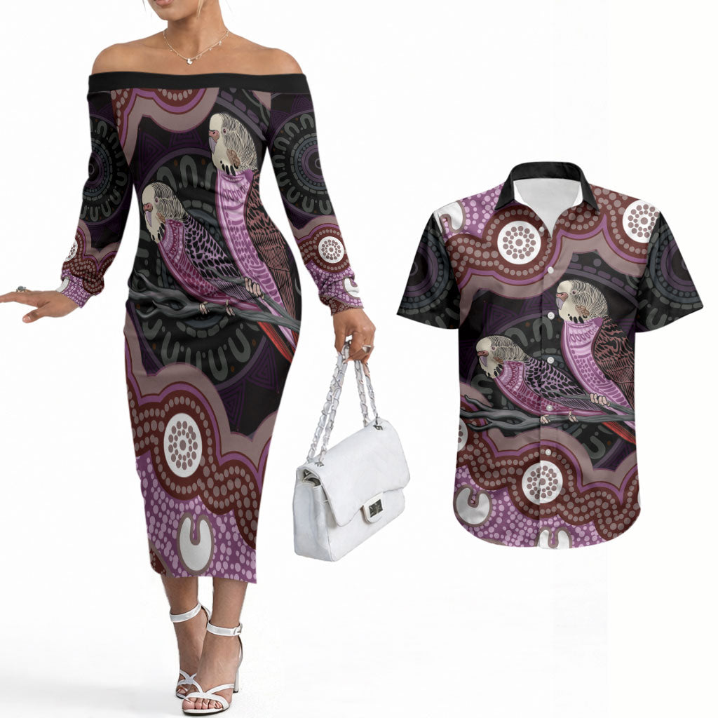 Purple Budgerigar Australia Indigenous Art Couples Matching Off The Shoulder Long Sleeve Dress and Hawaiian Shirt