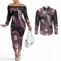 Purple Budgerigar Australia Indigenous Art Couples Matching Off The Shoulder Long Sleeve Dress and Long Sleeve Button Shirt