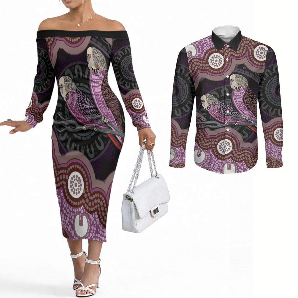 Purple Budgerigar Australia Indigenous Art Couples Matching Off The Shoulder Long Sleeve Dress and Long Sleeve Button Shirt