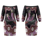 Purple Budgerigar Australia Indigenous Art Couples Matching Off The Shoulder Long Sleeve Dress and Long Sleeve Button Shirt