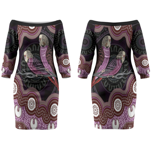Purple Budgerigar Australia Indigenous Art Couples Matching Off The Shoulder Long Sleeve Dress and Long Sleeve Button Shirt