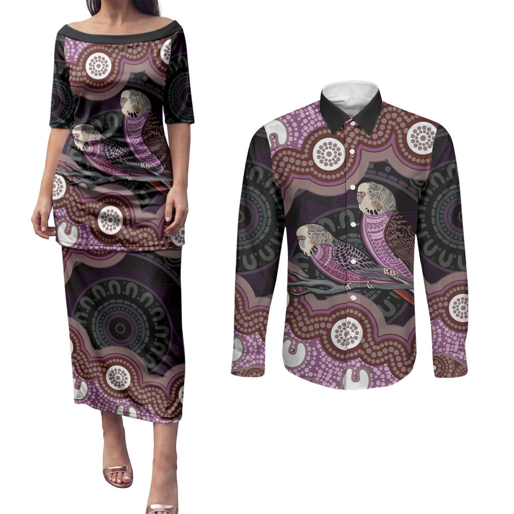Purple Budgerigar Australia Indigenous Art Couples Matching Puletasi and Long Sleeve Button Shirt