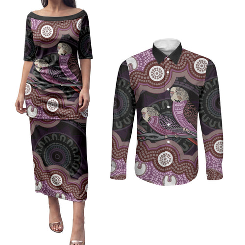 Purple Budgerigar Australia Indigenous Art Couples Matching Puletasi and Long Sleeve Button Shirt