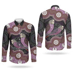 Purple Budgerigar Australia Indigenous Art Couples Matching Puletasi and Long Sleeve Button Shirt