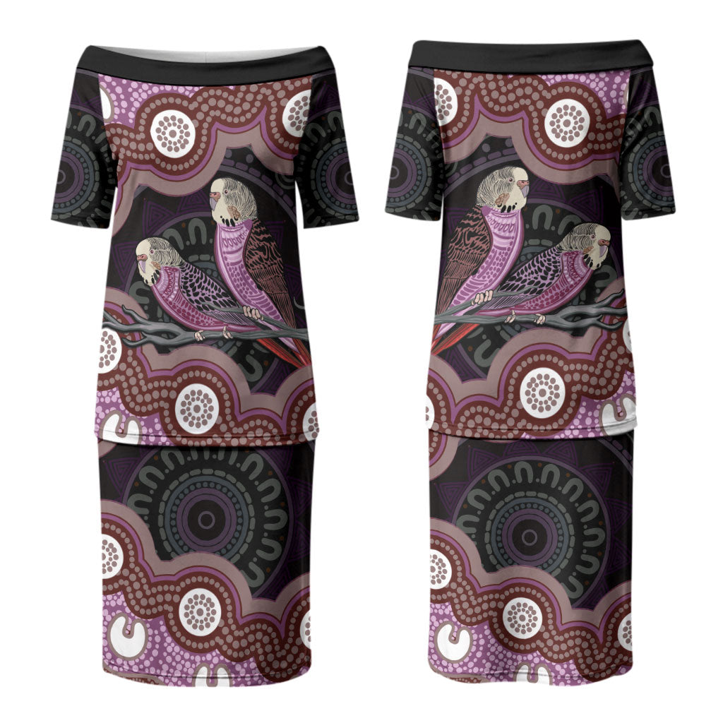 Purple Budgerigar Australia Indigenous Art Couples Matching Puletasi and Long Sleeve Button Shirt