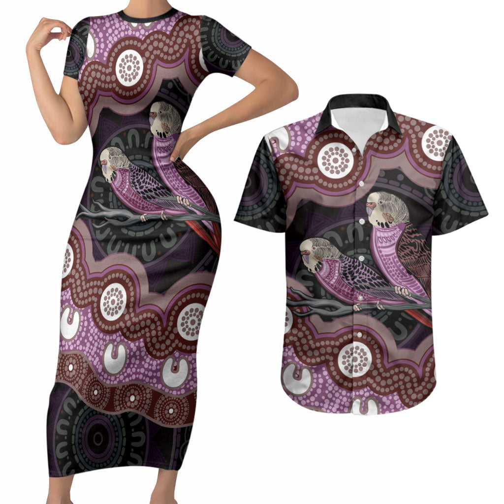 Purple Budgerigar Australia Indigenous Art Couples Matching Short Sleeve Bodycon Dress and Hawaiian Shirt