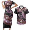 Purple Budgerigar Australia Indigenous Art Couples Matching Short Sleeve Bodycon Dress and Hawaiian Shirt