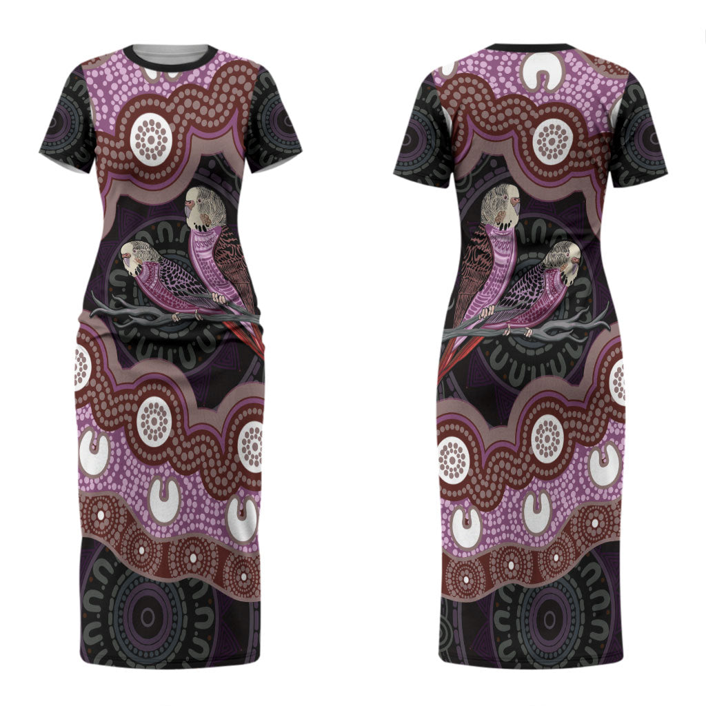 Purple Budgerigar Australia Indigenous Art Couples Matching Short Sleeve Bodycon Dress and Hawaiian Shirt