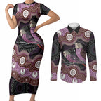 Purple Budgerigar Australia Indigenous Art Couples Matching Short Sleeve Bodycon Dress and Long Sleeve Button Shirt