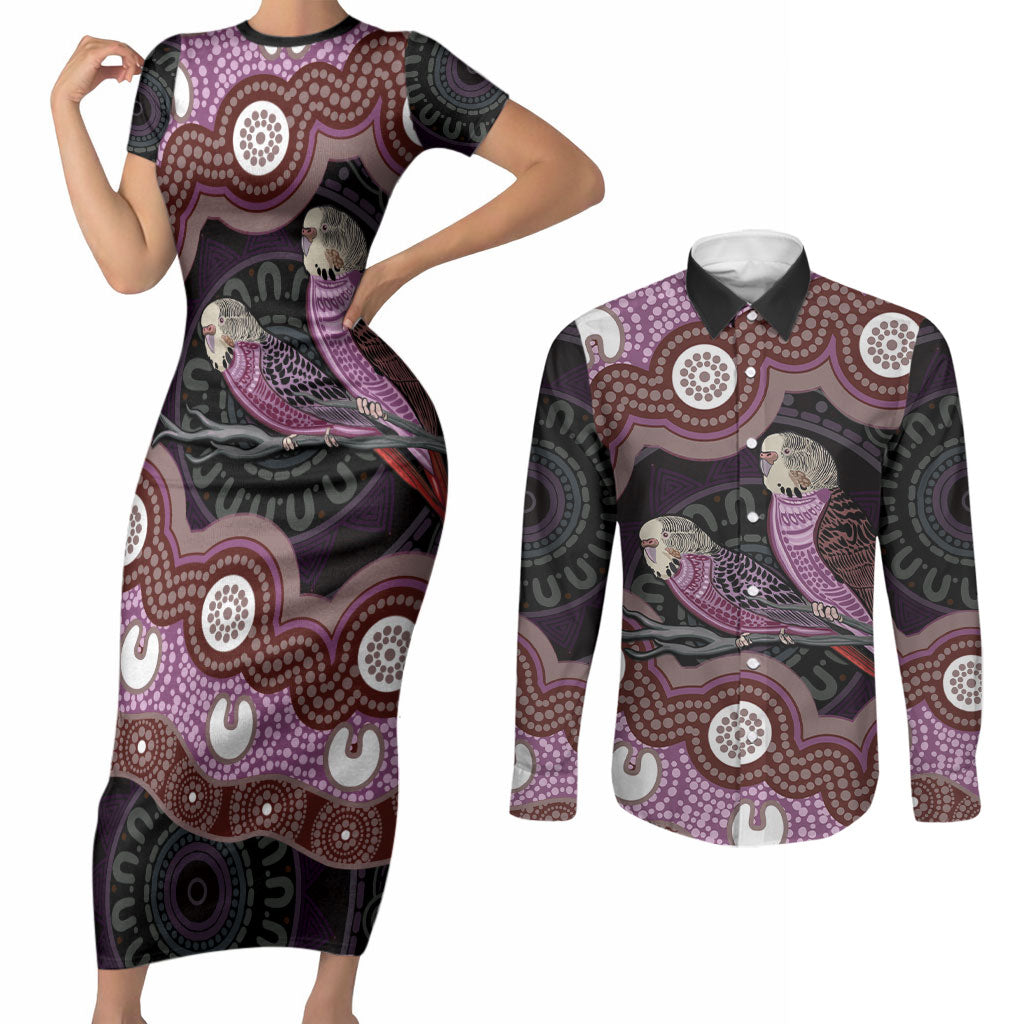 Purple Budgerigar Australia Indigenous Art Couples Matching Short Sleeve Bodycon Dress and Long Sleeve Button Shirt