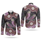 Purple Budgerigar Australia Indigenous Art Couples Matching Short Sleeve Bodycon Dress and Long Sleeve Button Shirt