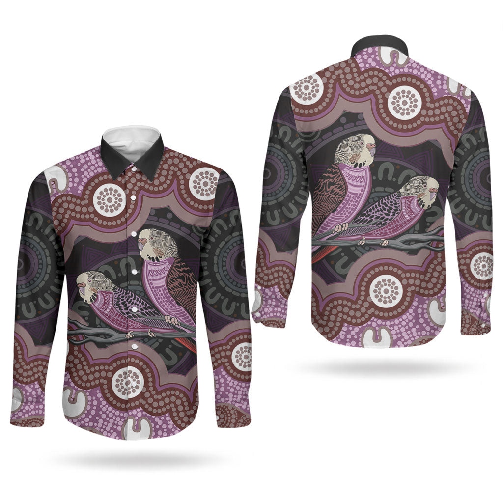 Purple Budgerigar Australia Indigenous Art Couples Matching Short Sleeve Bodycon Dress and Long Sleeve Button Shirt