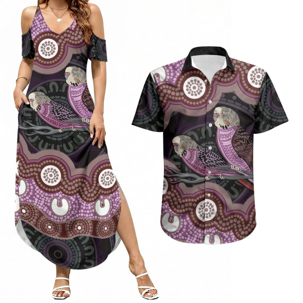 Purple Budgerigar Australia Indigenous Art Couples Matching Summer Maxi Dress and Hawaiian Shirt