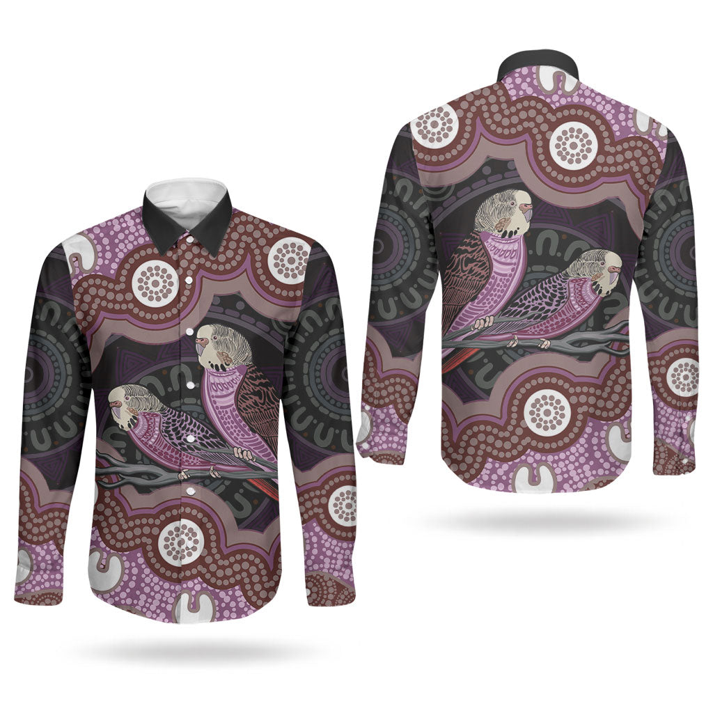 Purple Budgerigar Australia Indigenous Art Couples Matching Summer Maxi Dress and Long Sleeve Button Shirt