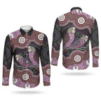 Purple Budgerigar Australia Indigenous Art Couples Matching Summer Maxi Dress and Long Sleeve Button Shirt