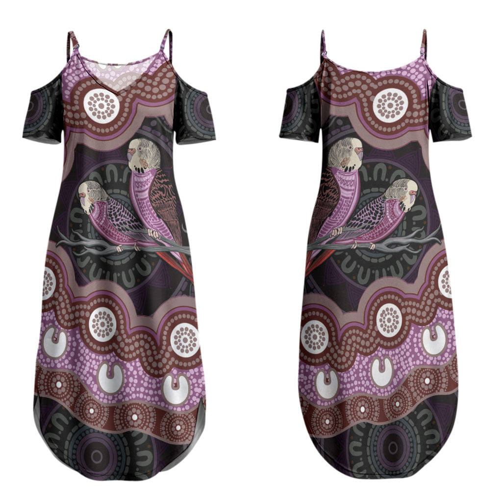 Purple Budgerigar Australia Indigenous Art Couples Matching Summer Maxi Dress and Long Sleeve Button Shirt