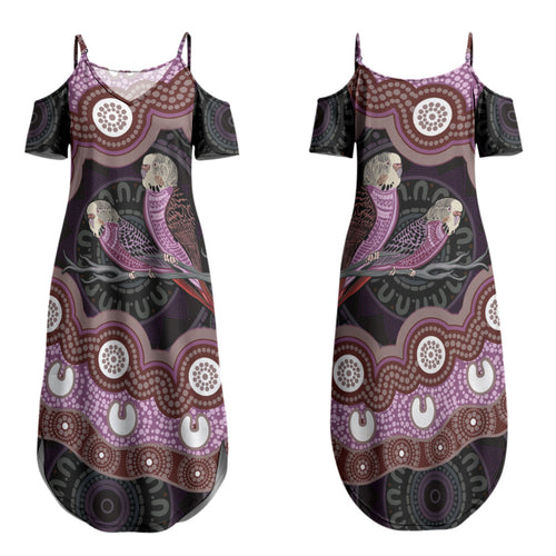 Purple Budgerigar Australia Indigenous Art Couples Matching Summer Maxi Dress and Long Sleeve Button Shirt
