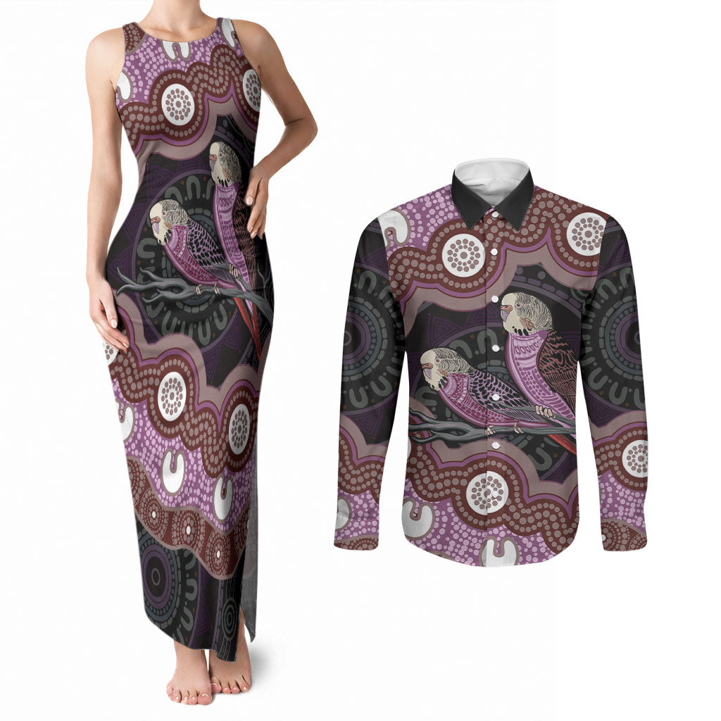 Purple Budgerigar Australia Indigenous Art Couples Matching Tank Maxi Dress and Long Sleeve Button Shirt