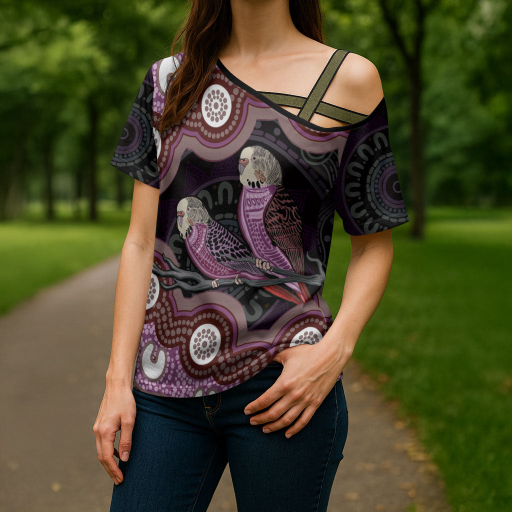 Purple Budgerigar Australia Indigenous Art Cross Shoulder Shirt