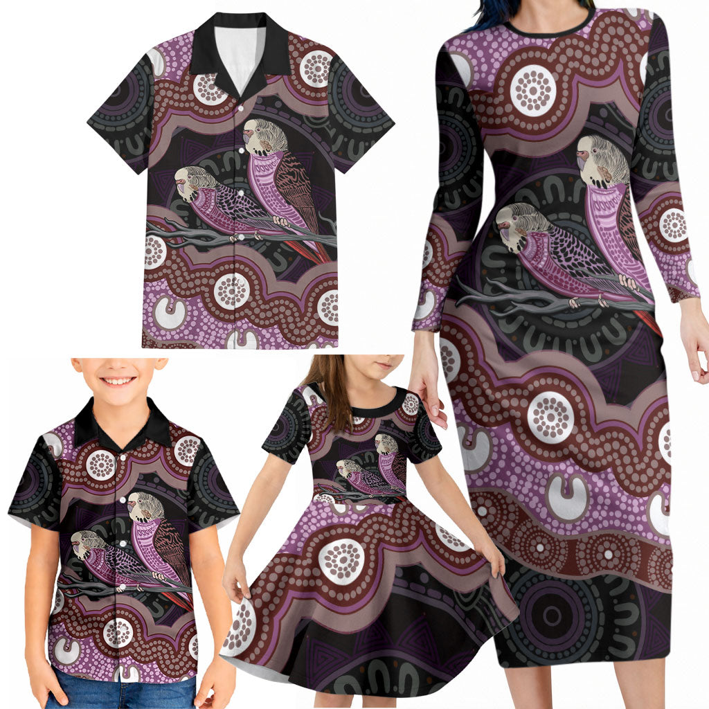 Purple Budgerigar Australia Indigenous Art Family Matching Long Sleeve Bodycon Dress and Hawaiian Shirt