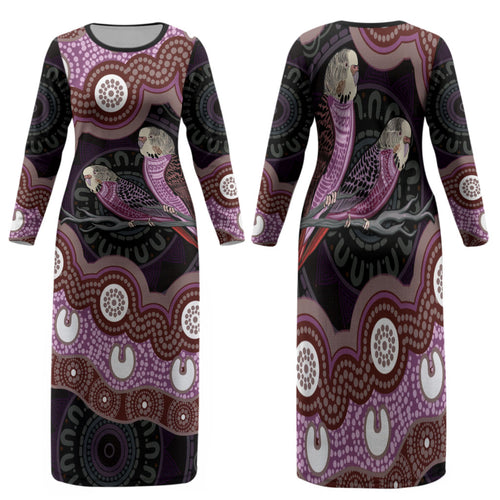 Purple Budgerigar Australia Indigenous Art Family Matching Long Sleeve Bodycon Dress and Hawaiian Shirt