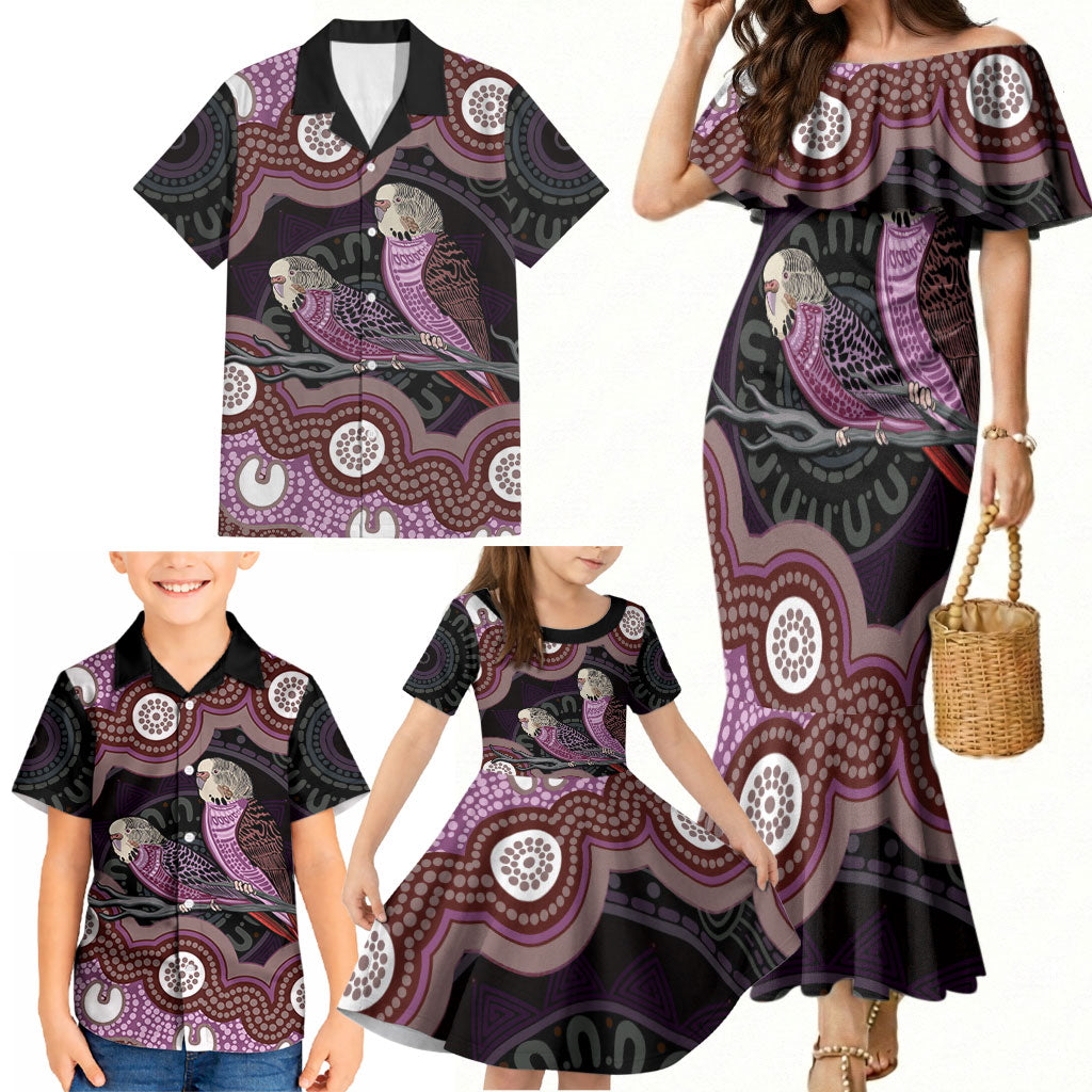 Purple Budgerigar Australia Indigenous Art Family Matching Mermaid Dress and Hawaiian Shirt