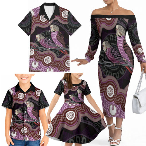 Purple Budgerigar Australia Indigenous Art Family Matching Off The Shoulder Long Sleeve Dress and Hawaiian Shirt
