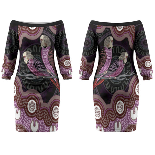 Purple Budgerigar Australia Indigenous Art Family Matching Off The Shoulder Long Sleeve Dress and Hawaiian Shirt