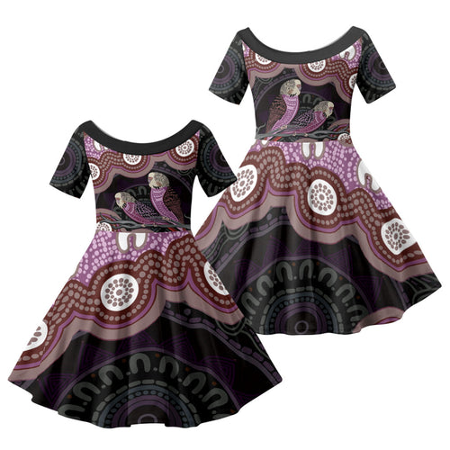Purple Budgerigar Australia Indigenous Art Family Matching Off The Shoulder Long Sleeve Dress and Hawaiian Shirt