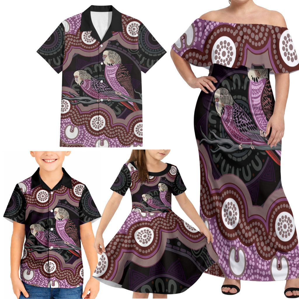 Purple Budgerigar Australia Indigenous Art Family Matching Off Shoulder Maxi Dress and Hawaiian Shirt