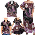 Purple Budgerigar Australia Indigenous Art Family Matching Off Shoulder Maxi Dress and Hawaiian Shirt
