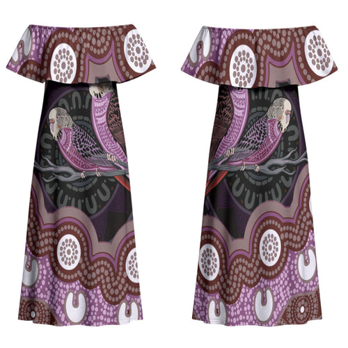 Purple Budgerigar Australia Indigenous Art Family Matching Off Shoulder Maxi Dress and Hawaiian Shirt