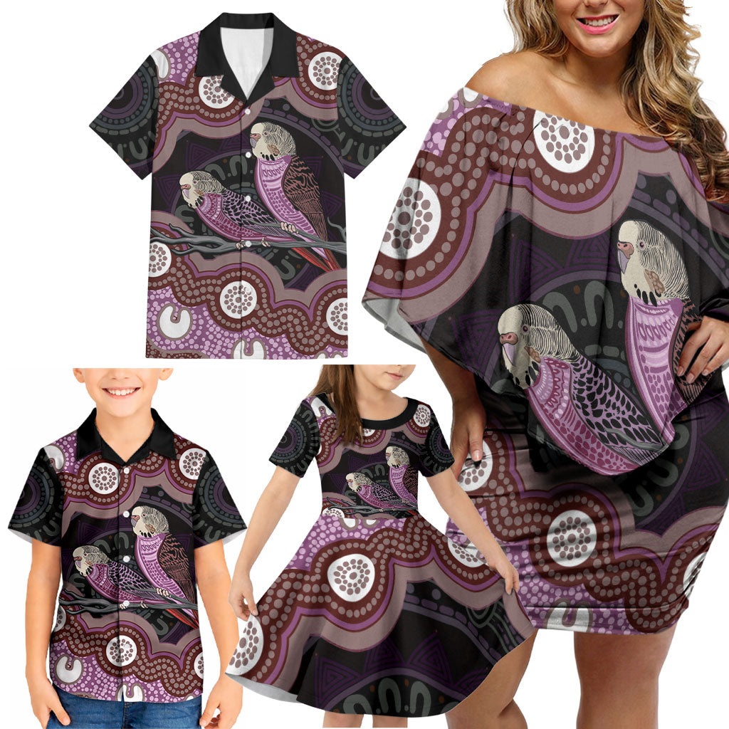 Purple Budgerigar Australia Indigenous Art Family Matching Off Shoulder Short Dress and Hawaiian Shirt