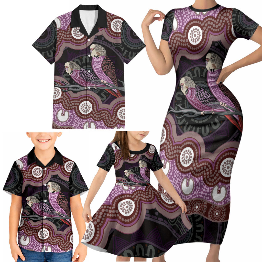 Purple Budgerigar Australia Indigenous Art Family Matching Short Sleeve Bodycon Dress and Hawaiian Shirt