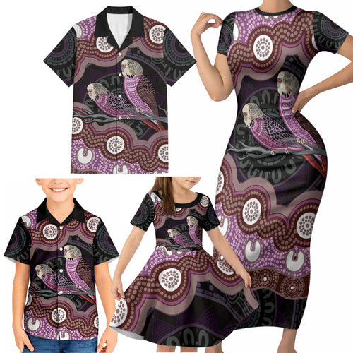 Purple Budgerigar Australia Indigenous Art Family Matching Short Sleeve Bodycon Dress and Hawaiian Shirt