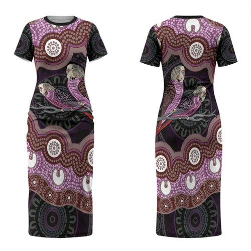 Purple Budgerigar Australia Indigenous Art Family Matching Short Sleeve Bodycon Dress and Hawaiian Shirt