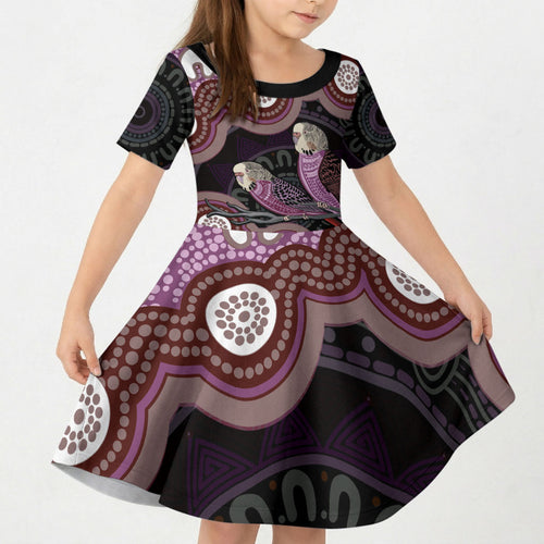 Purple Budgerigar Australia Indigenous Art Kid Short Sleeve Dress