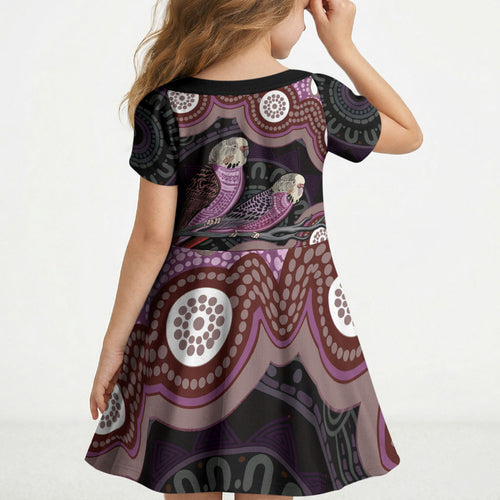Purple Budgerigar Australia Indigenous Art Kid Short Sleeve Dress